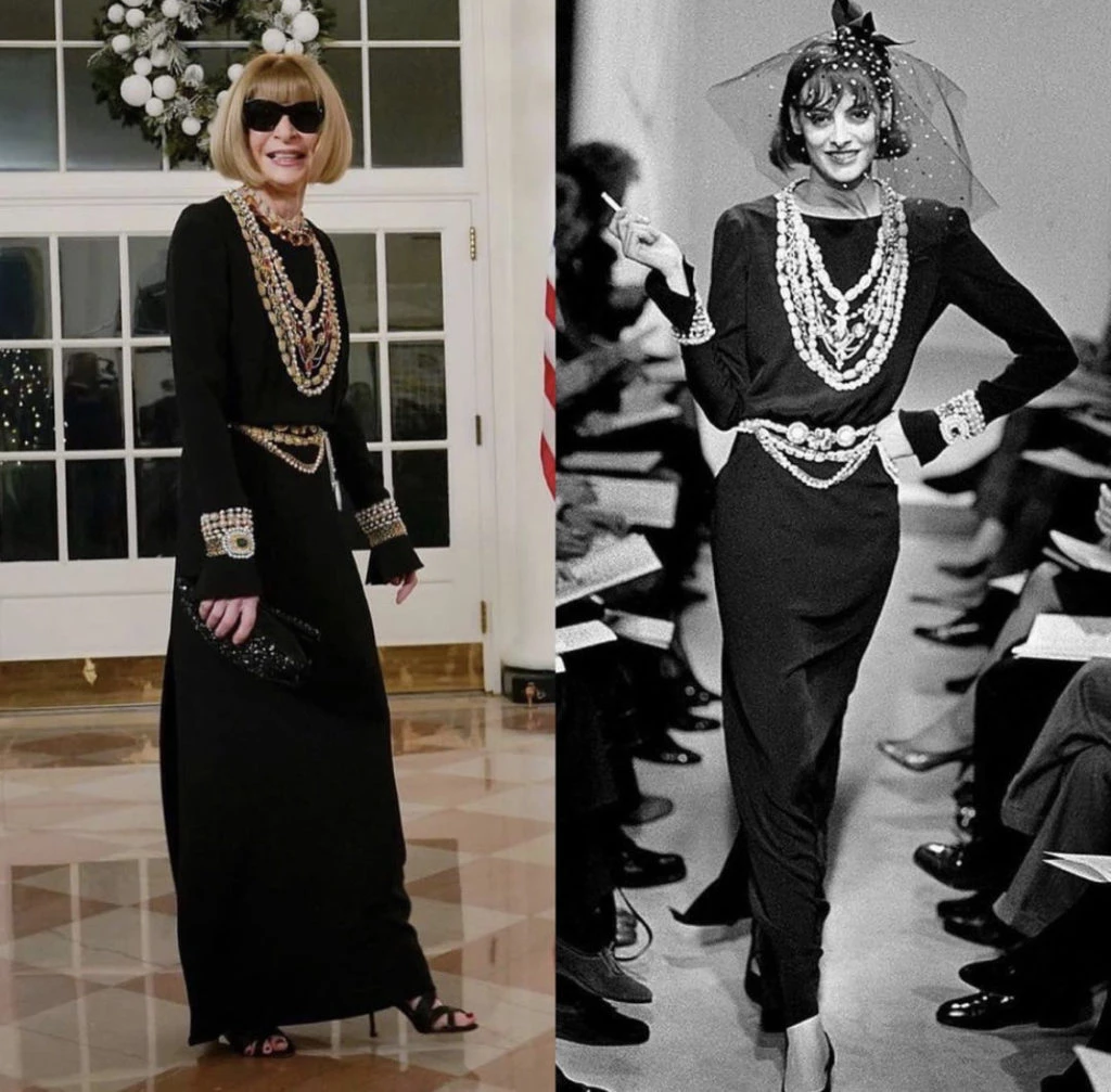 El jueves Anna Wintour y su vestido Chanel en la Casa Blanca. A la izquierda en los años 80 sobre  la pasarela. Un diseño que se mantiene vigente. Foto: Instagram. 