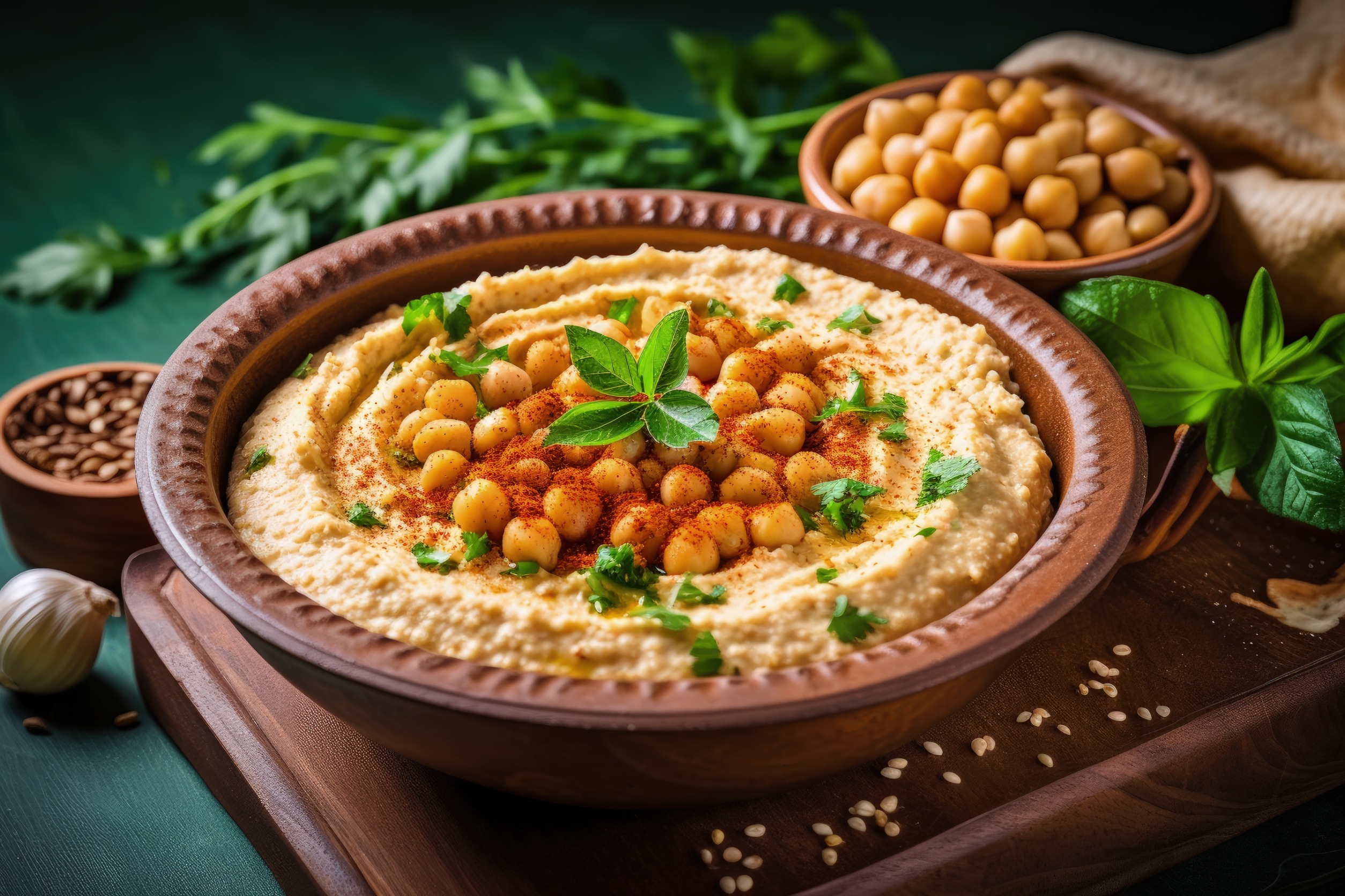 Coliflor y garbanzos crocantes sobre humus de hierbas