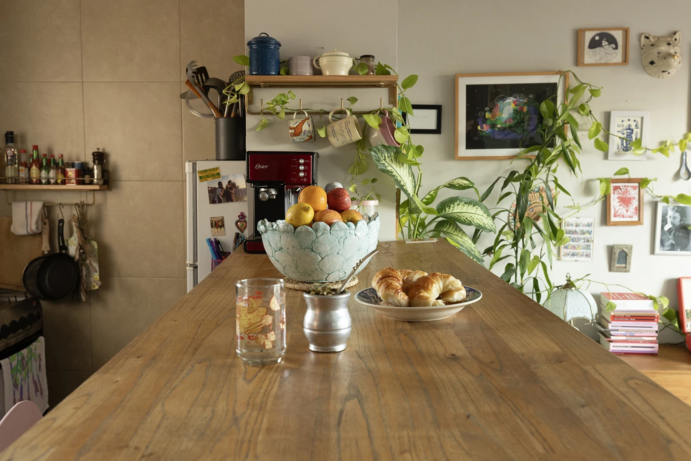 La barra de la cocina, con utensilios y especias a la vista. 