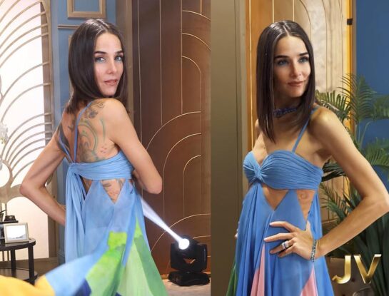 El look a puro glamour de Juana Viale en la mesaza: llevó un vestido de seda multicolor